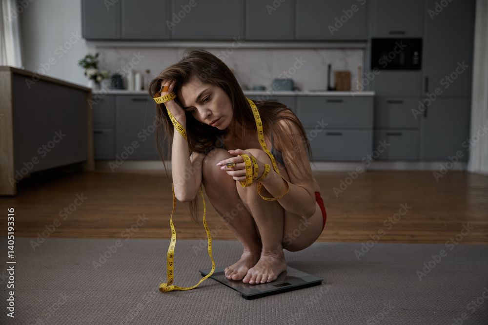 Upset depressed woman with thin figure wrapped measuring tape on weight scale