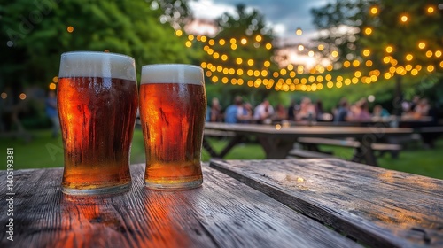 Two full beer glasses rest on a wet picnic table, while glowing fairy lights twinkle above a garden crowd
