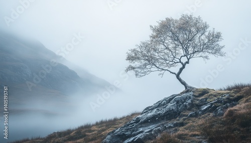 Solitary tree atop a misty mountain peak.