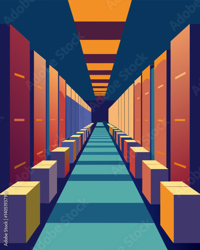 It was hard to navigate through the narrow aisles with boxes stacked precariously on every available surface.. Vector illustration