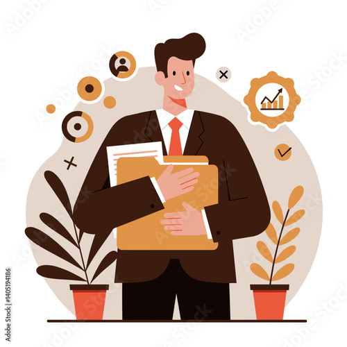 Business manager smiling while holding a folder with charts background  