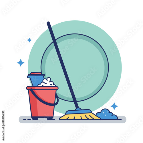 Cleaning supplies with mop and bucket in a bright setting  