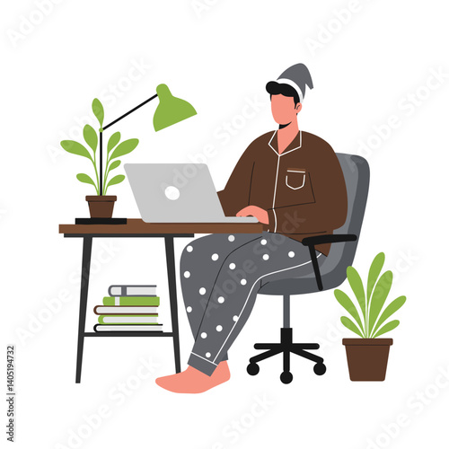 remote worker in pajamas working on laptop at home office  