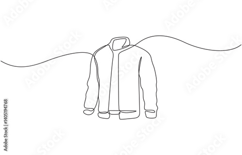 Jacket in continuous line art drawing style. Men's clothing garment black linear design, Jacket continuous one line drawing of jacket icon linear design isolated on white background outline.