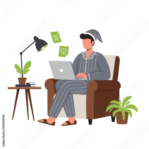 Remote worker in pajamas working comfortably at home  