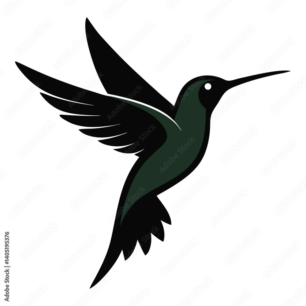 Fototapeta premium Vector illustration of a flying hummingbird silhouette, a black bird with wings near a flower, a symbol of nature and wildlife art