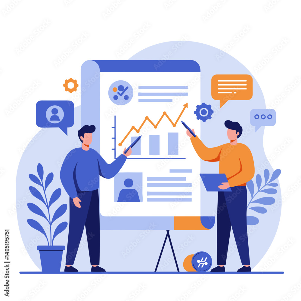 Two business people analyzing data on a presentation board Two business people analyzing data on a presentation board