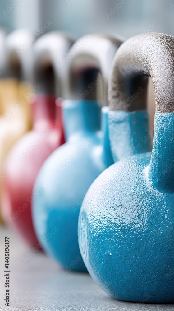 Naklejka premium Dumbbells and kettlebells create strength training opportunities as fitness enthusiasts build muscle