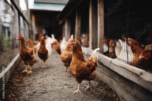 Brown Hens Walking in Chicken Coop on Farm for Egg Production