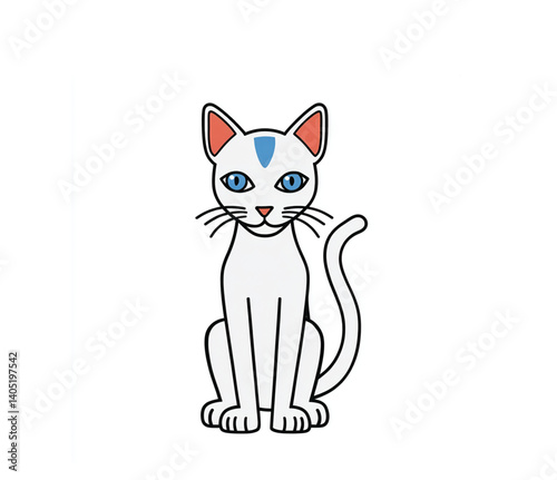Abstract White Cat with Blue Mark, Modern and Geometric, Colorful Outline