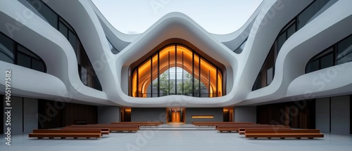 A modern church with a curved roof and large windows.