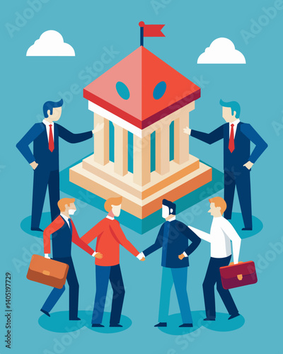 In a joint effort to stabilize the economy the government and banks came together to provide bailouts to struggling businesses.. Vector illustration