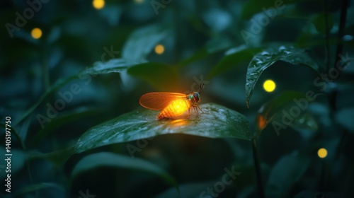 Glowing firefly resting on a dewy leaf at night.