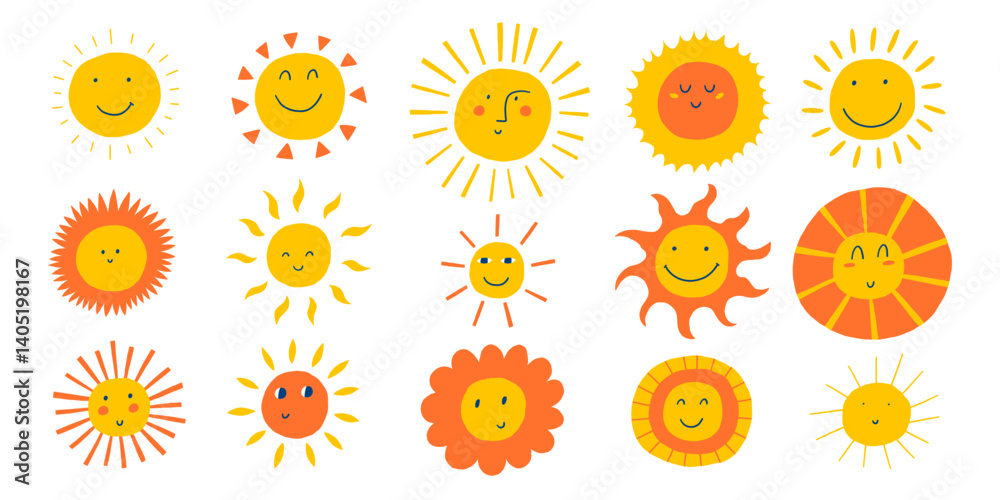 Cute sun smile face vector set. Happy sunshine character icon. Sunny cartoon illustration