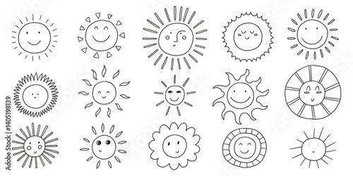 Hand sun doodle vector icon set. Cute outline kid summer smile sunshine face. Black sketch illustration
