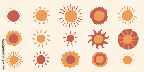 Sun boho vector icon set. Bohemian sunshine logo collection. Hand drawn abstract illustration