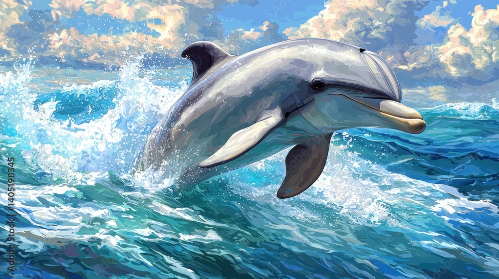 Obraz premium Dolphin Leaping Through Ocean Waves: A Vibrant Marine Scene