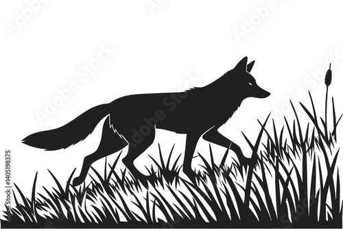 Fox Silhouette Running Through Tall Grass Isolated On White Background Vector Illustration Animal Wildlife Design
