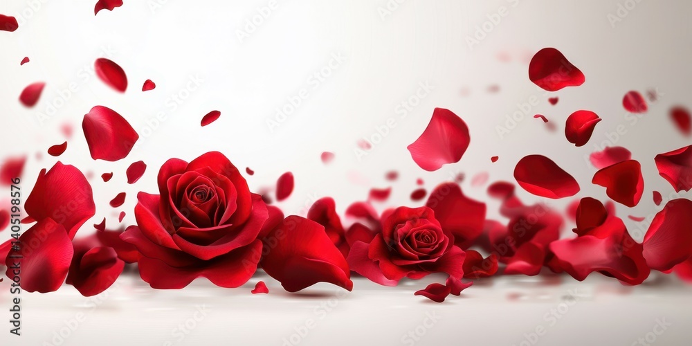 Red rose petals scattered elegantly across a soft background with full roses in bloom Red rose petals scattered elegantly across a soft background with full roses in bloom