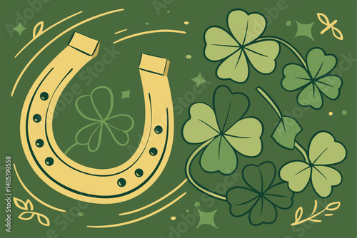 32 Golden horseshoe, clover leaves, St. Patrick's Day, good luck charm, vibrant green background, macro photography, realistic textures, symbolic imagery, Irish folklore, festive celebration, shamrock