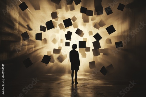 Solitary figure confronts a deluge of floating cubes.