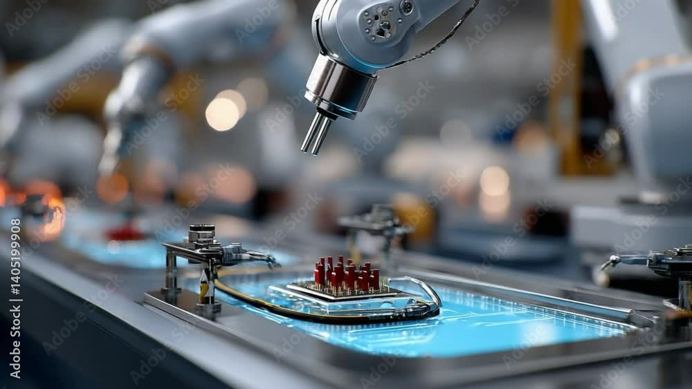 Robotic Precision: A futuristic tableau of automated robotics working in a manufacturing environment, showcasing advanced technology and precision in industrial processes. 