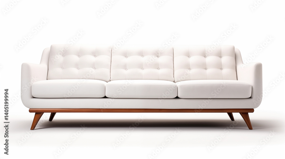 White Button Tufted Sofa MidCentury Modern Design Wooden Legs White Button Tufted Sofa MidCentury Modern Design Wooden Legs