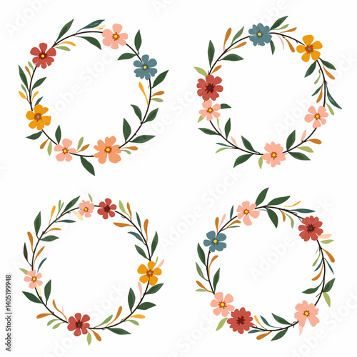 Wallpaper Mural Round floral frame of small flower bushes in delicate flowers in the Scandinavian style on a white background.	 Torontodigital.ca
