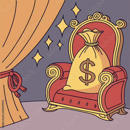 Money bag resting on a throne with golden sparkles around