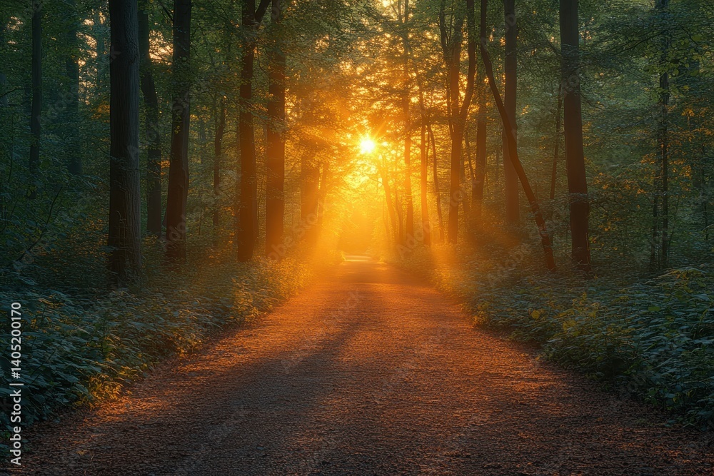 Naklejka premium Sunbeams illuminate forest path