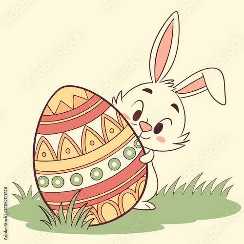 Easter bunny peeking from behind a decorated egg, pastel color vector