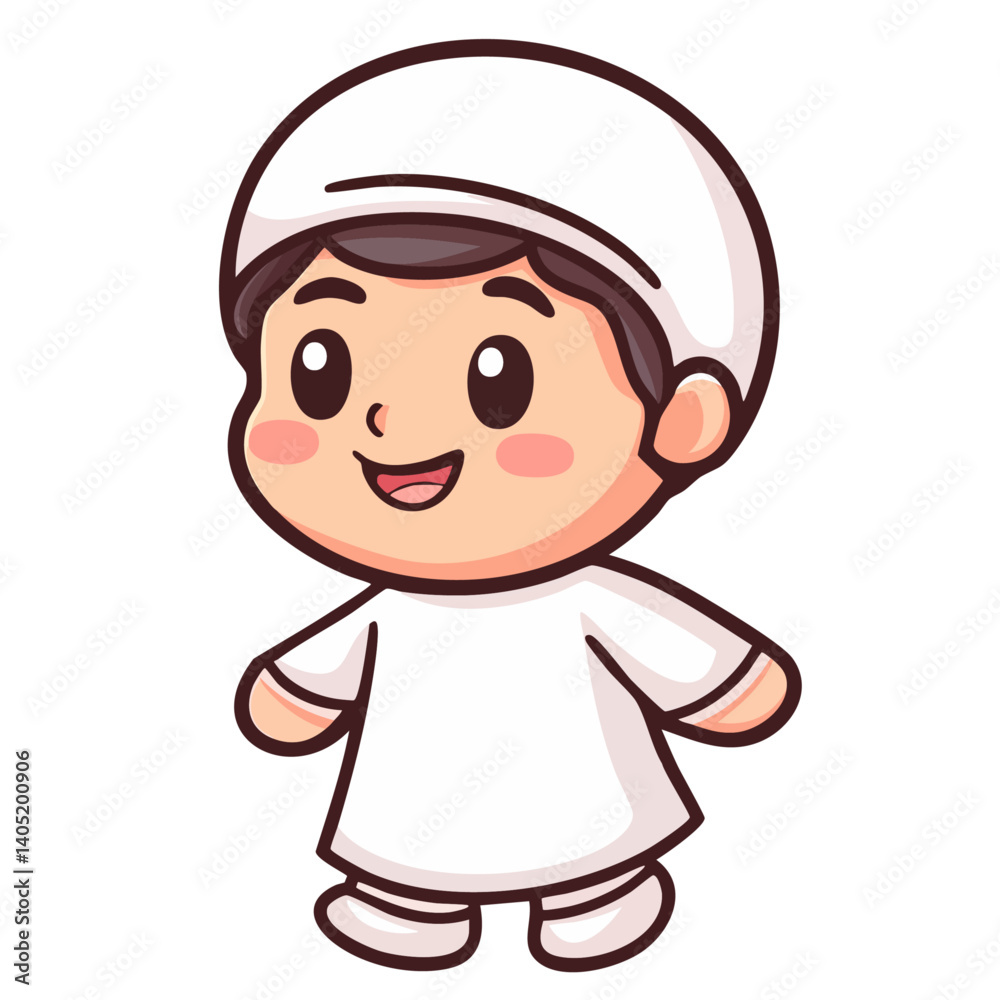Happy smiling muslim islamic boy in traditional clothes, asian child in white dress, doodle cartoon character clip art, kawaii isolated cute clean and simple vector illustration Happy smiling muslim islamic boy in traditional clothes, asian child in white dress, doodle cartoon character clip art, kawaii isolated cute clean and simple vector illustration