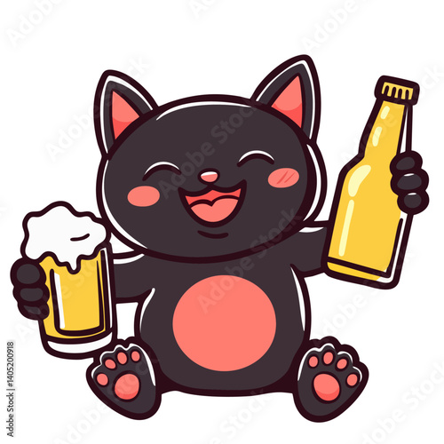 Happy smiling black cat holding beer glass and bottle, cheerful drunk cat drinking alcohol, doodle cartoon character clip art, kawaii isolated cute and clean simple vector illustration