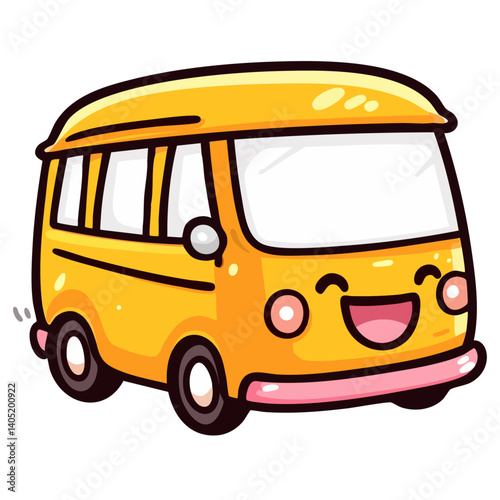 Happy yellow school bus, public transport car, cartoon character clip art, kawaii isolated cute clean and simple vector illustration