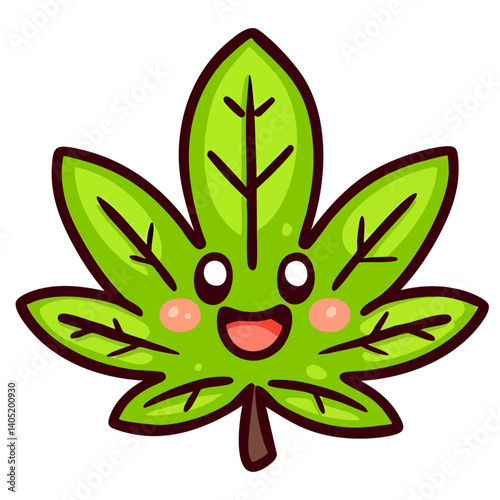 Happy smiling green marijuana or hemp cannabis leaf, hand drawn doodle cartoon character clip art, kawaii isolated cute clean and simple vector illustration