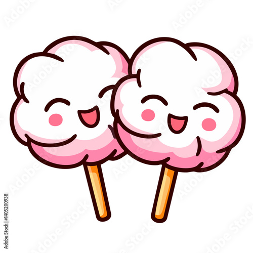 Two pink happy cotton candy, sweet candy floss, doodle cartoon character clip art, kawaii isolated cute clean and simple vector illustration