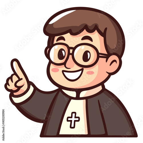 Happy smiling priest in glasses pointing index finger, holy father preacher cleric, cartoon character clip art, kawaii isolated cute simple vector illustration