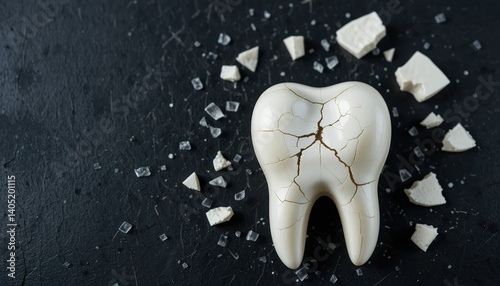 jagged fracture splinters across enamel, tooth fragments scattered like against. stark imagery captures sudden vulnerability dental trauma silent warning pain lurks beneath surface urgent need.