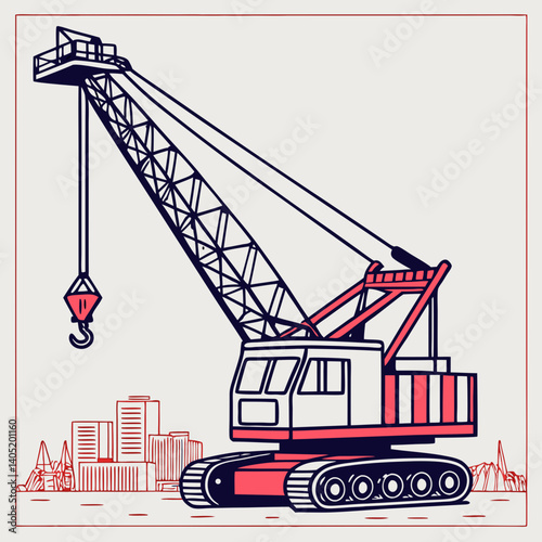 Detailed construction site crane in flat vector style