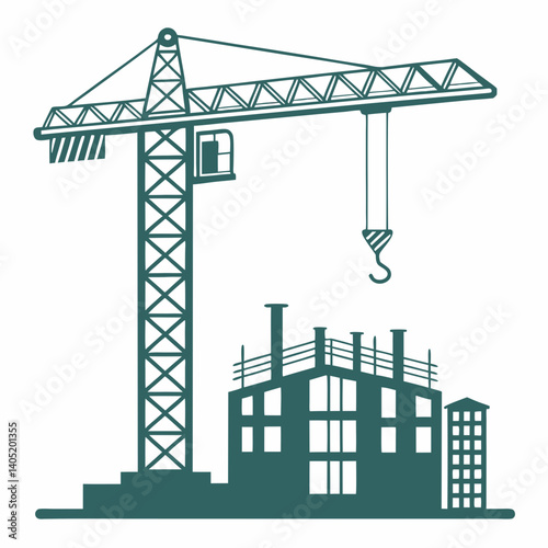 Flat icon of tower crane over construction site silhouette