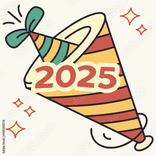 Party hat with noise maker and 2025 text, festive flat icon