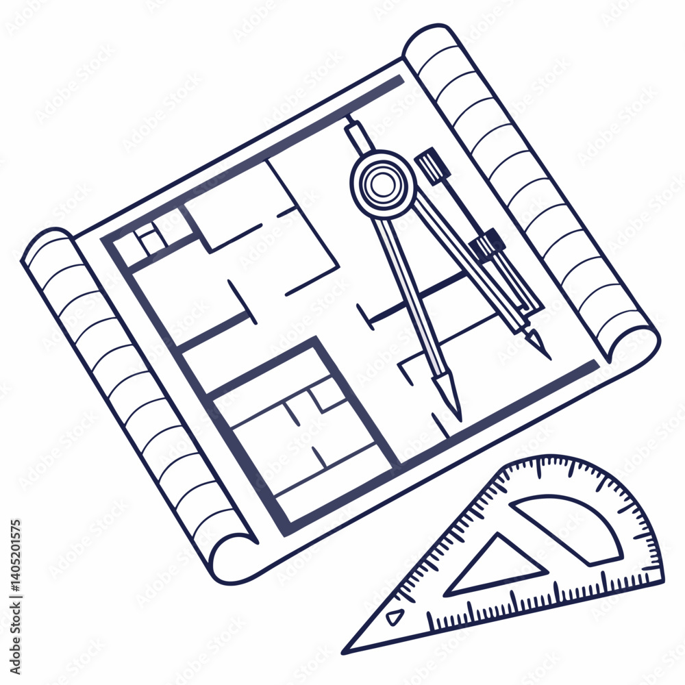 Vector icon of architect's blueprint with corner folds and scale ruler