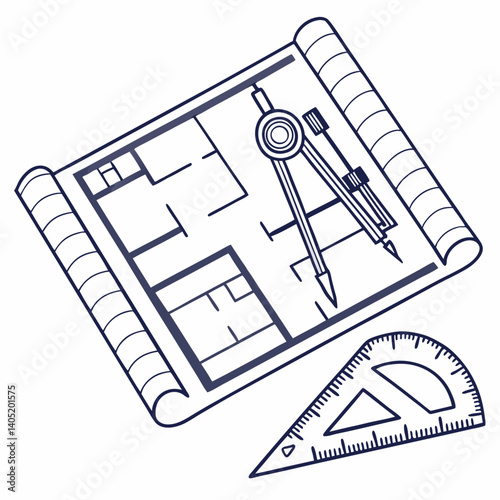Vector icon of architect's blueprint with corner folds and scale ruler