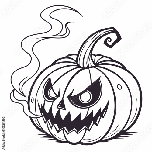 Creepy jack-o-lantern with glowing eyes and smoke effect, spooky vector icon