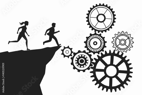 35 black and white image, silhouettes of people running, cliff edge, gap between cliffs, metal gears bridging the gap, metaphorical, teamwork concept, problem-solving visual, industrial elements, cont