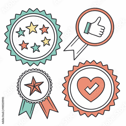 Vector icon set of social badges with star ratings and likes