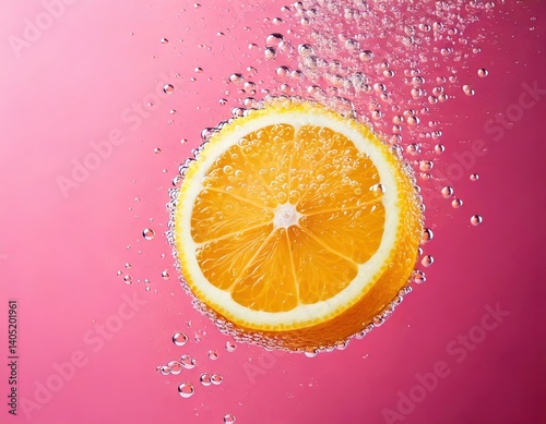 Bright and refreshing image of a lemon slice falling into fizzy water with pink background