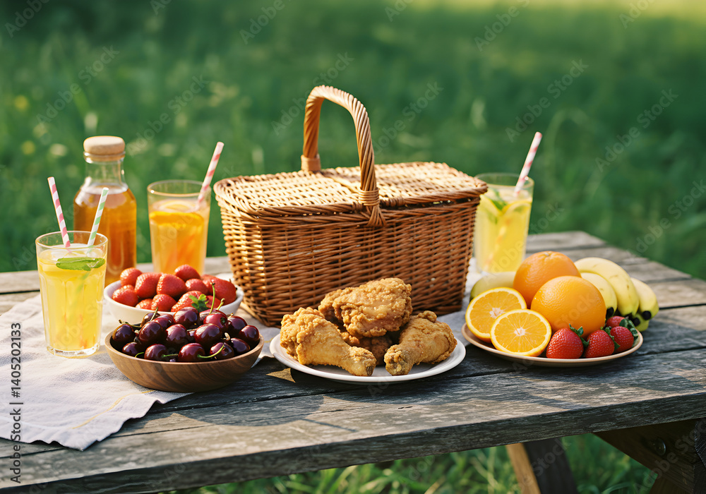 Summer Picnic Spread with Fried Chicken, Fresh Fruit, and Lemonade Summer Picnic Spread with Fried Chicken, Fresh Fruit, and Lemonade