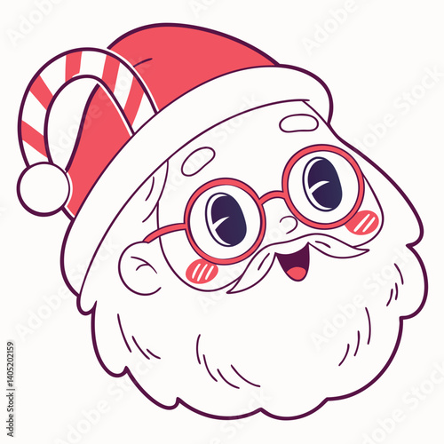Cute Santa Claus face with candy cane glasses and twinkling eyes, flat vector style