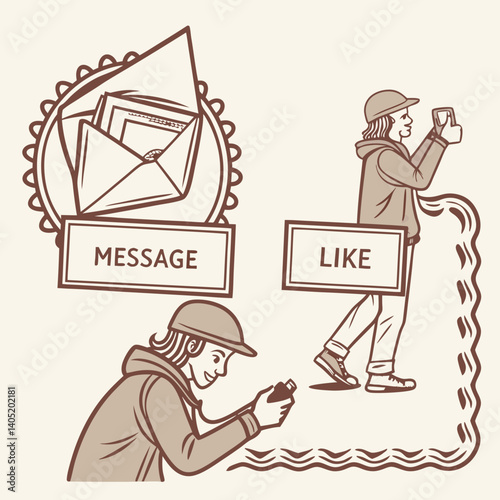 Realistic paper cut-out style icons for messages and likes